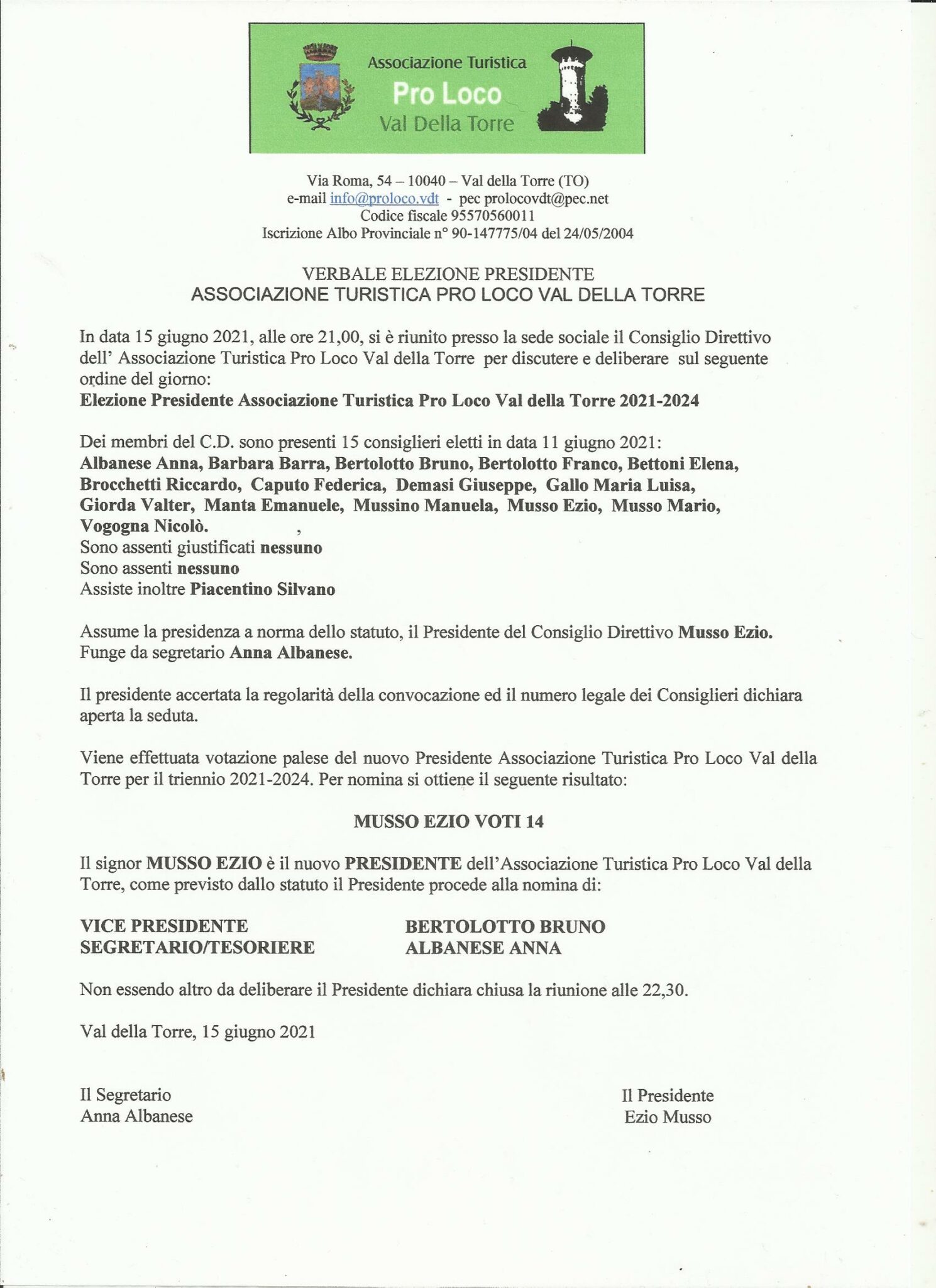 Verbale Elezione Presidente 15 giugno 2021 Associazione Turistica